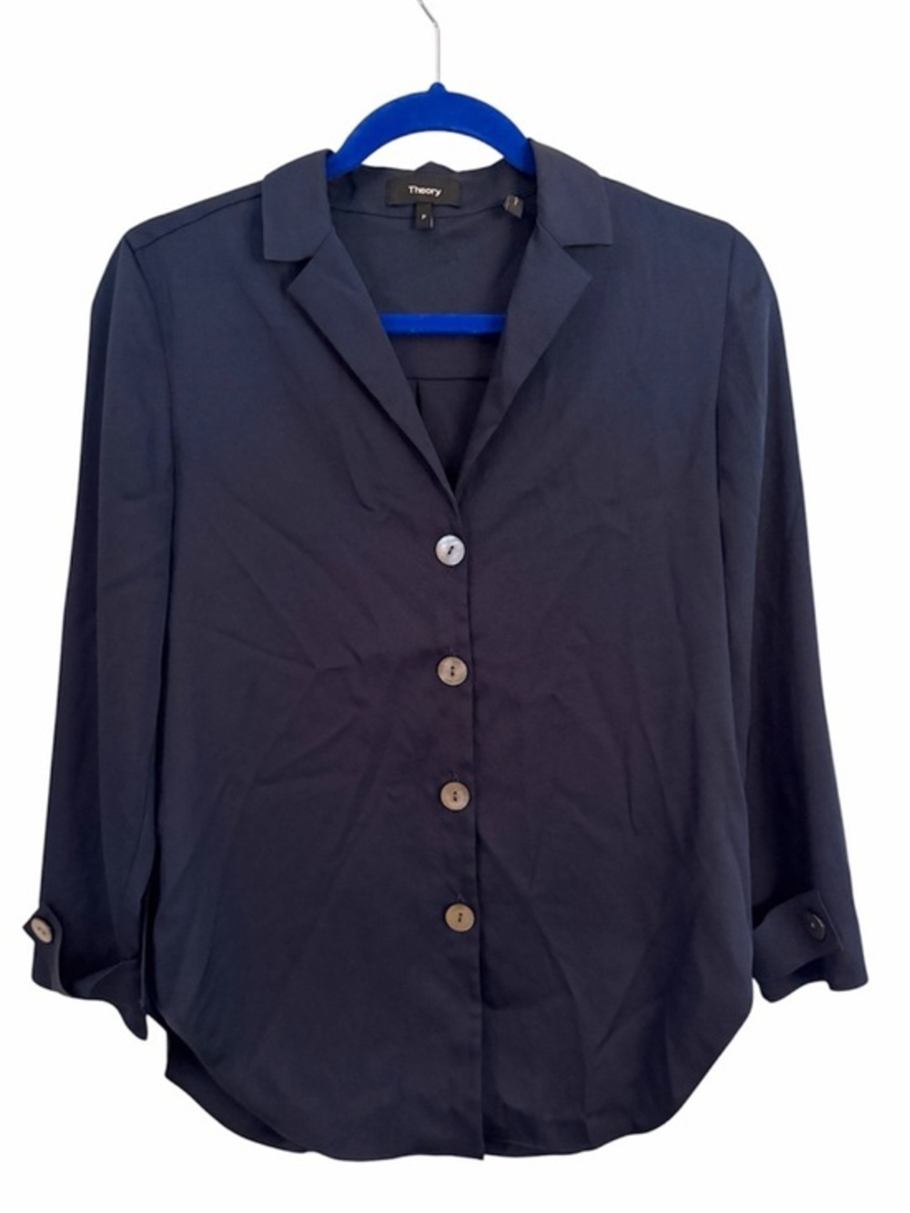 THEORY XSP Navy Lapel Blouse Tumbled Poly